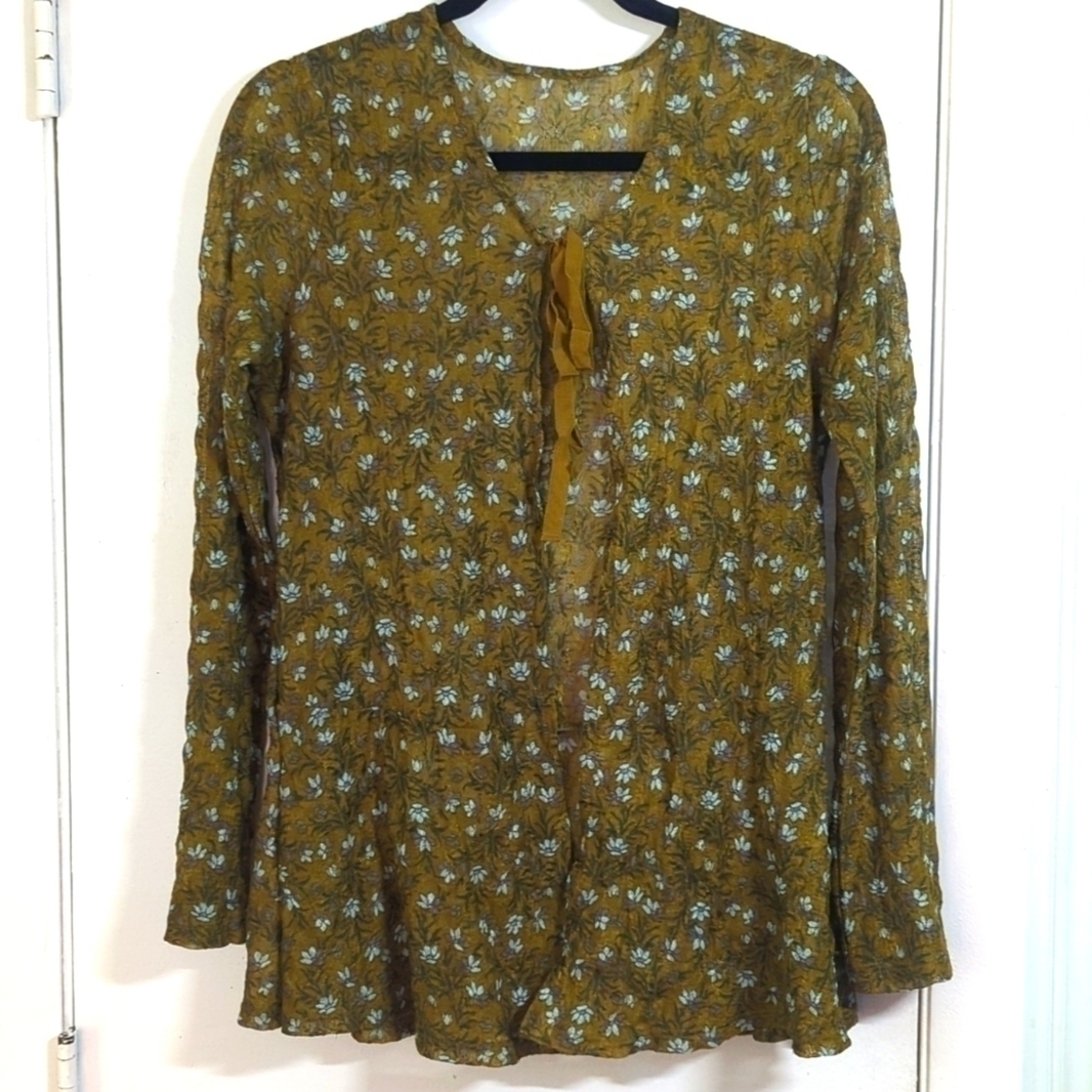 EUC Vintage Boho Moss Green Floral Lacy Tie Front Cardigan Fairy Top